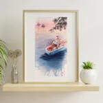 Dreamer – tranquil watercolor painting of a girl in a boat at sunset, elegantly displayed in a frame above a shelf, enhancing a cozy space.