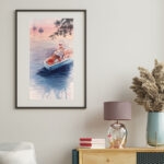 Dreamer – framed watercolor seascape art in a modern living room, showcasing a sunset over the ocean with a meditative atmosphere.