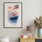 Dreamer – framed watercolor seascape art in a modern living room, showcasing a sunset over the ocean with a meditative atmosphere.