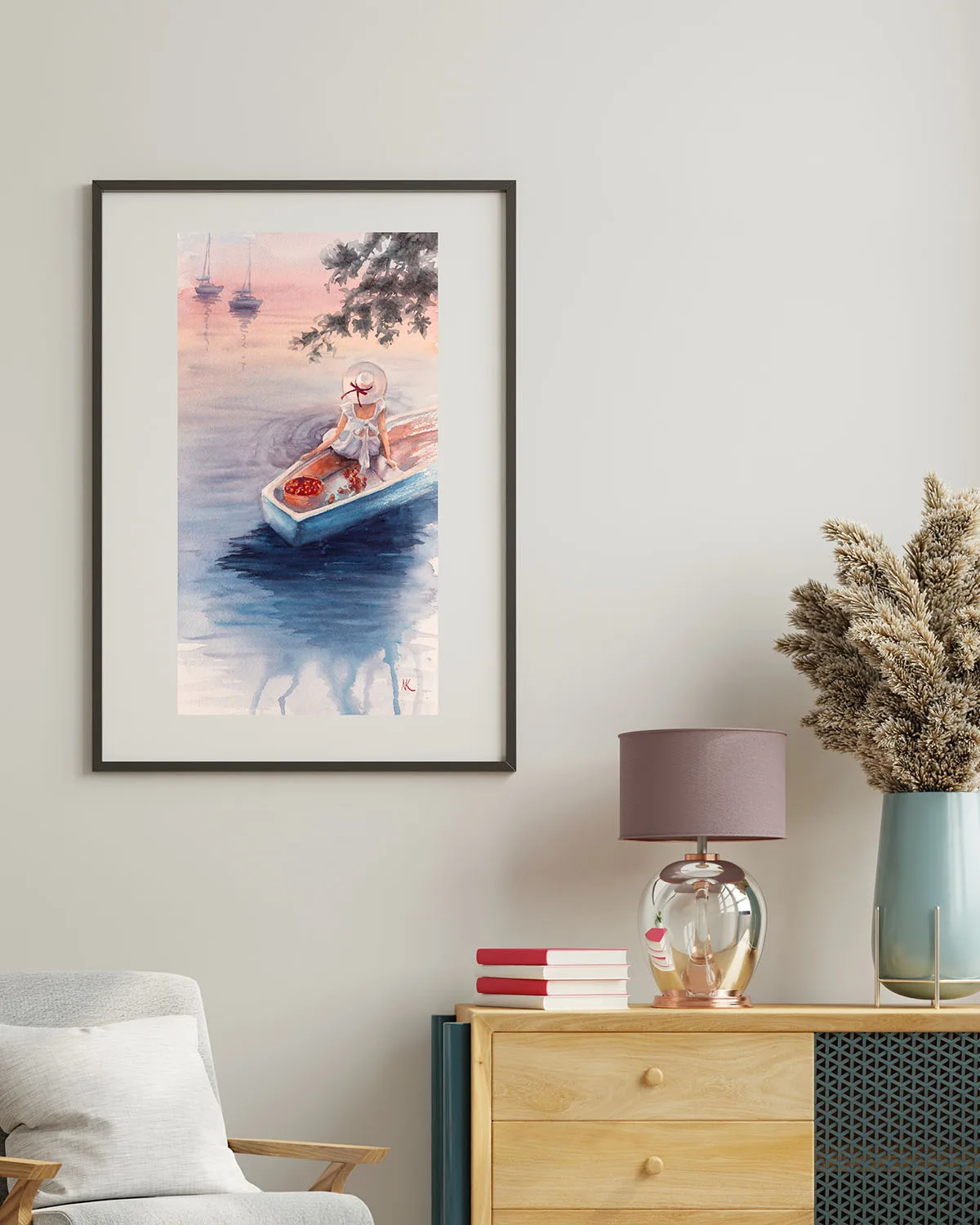 Dreamer – framed watercolor seascape art in a modern living room, showcasing a sunset over the ocean with a meditative atmosphere.