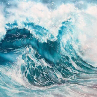 Fragile but Strong – Original watercolor painting of a crashing ocean wave by Kateryna Nazarenko, capturing the balance of power and delicacy in nature.