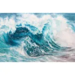 Watercolor painting "Fragile but Strong" by Kateryna Nazarenko, depicting a dynamic ocean wave in deep blues and soft foamy whites, capturing the balance of power and delicacy in nature.