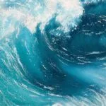 Detailed view of the fluid watercolor technique in "Fragile but Strong," highlighting the movement and energy of the ocean wave.