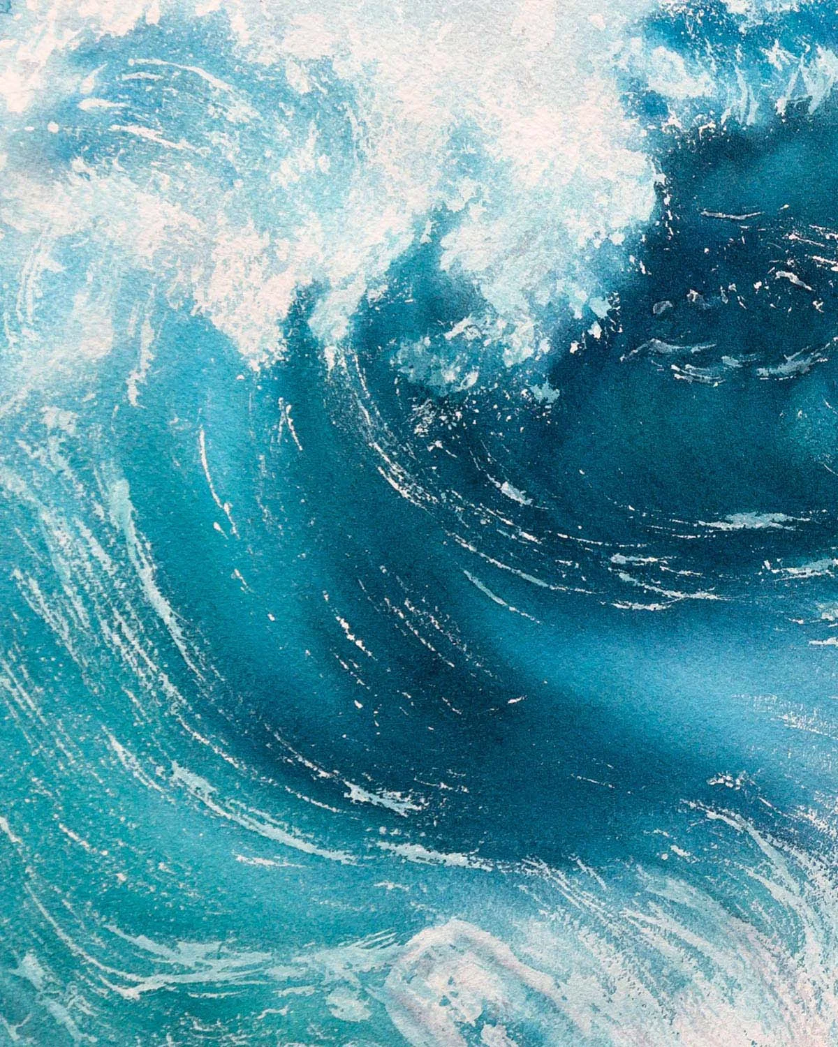 Detailed view of the fluid watercolor technique in "Fragile but Strong," highlighting the movement and energy of the ocean wave.