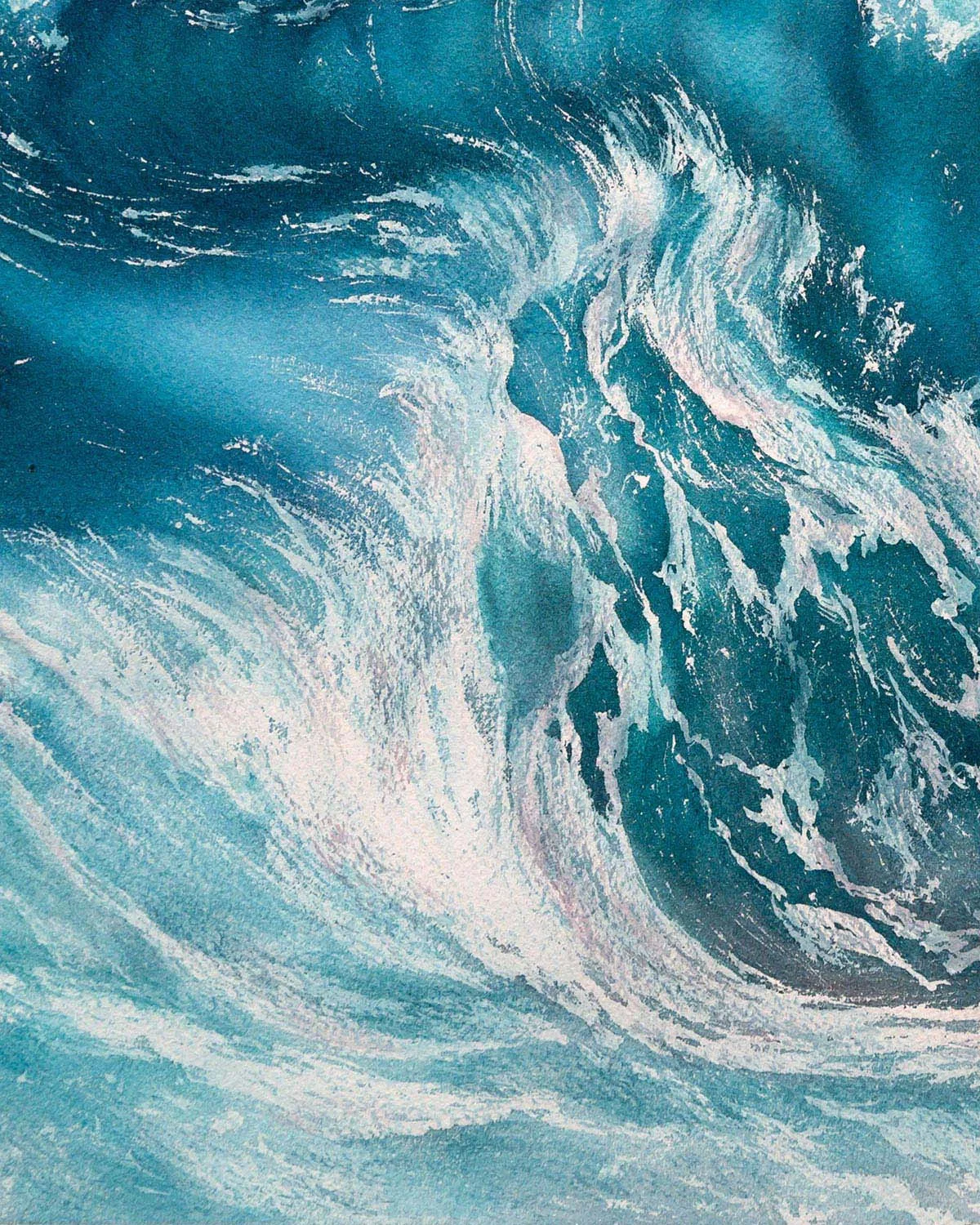 Close-up of "Fragile but Strong" watercolor painting by Kateryna Nazarenko, showcasing the delicate transition from deep blue to foamy white in the breaking wave.