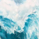 Close-up of the cresting wave in "Fragile but Strong," emphasizing the interplay of light, texture, and transparency in the water.