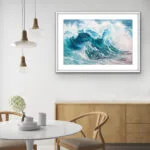 "Fragile but Strong" ocean wave watercolor painting featured in a modern dining room, adding a touch of coastal elegance and tranquility to the contemporary space.
