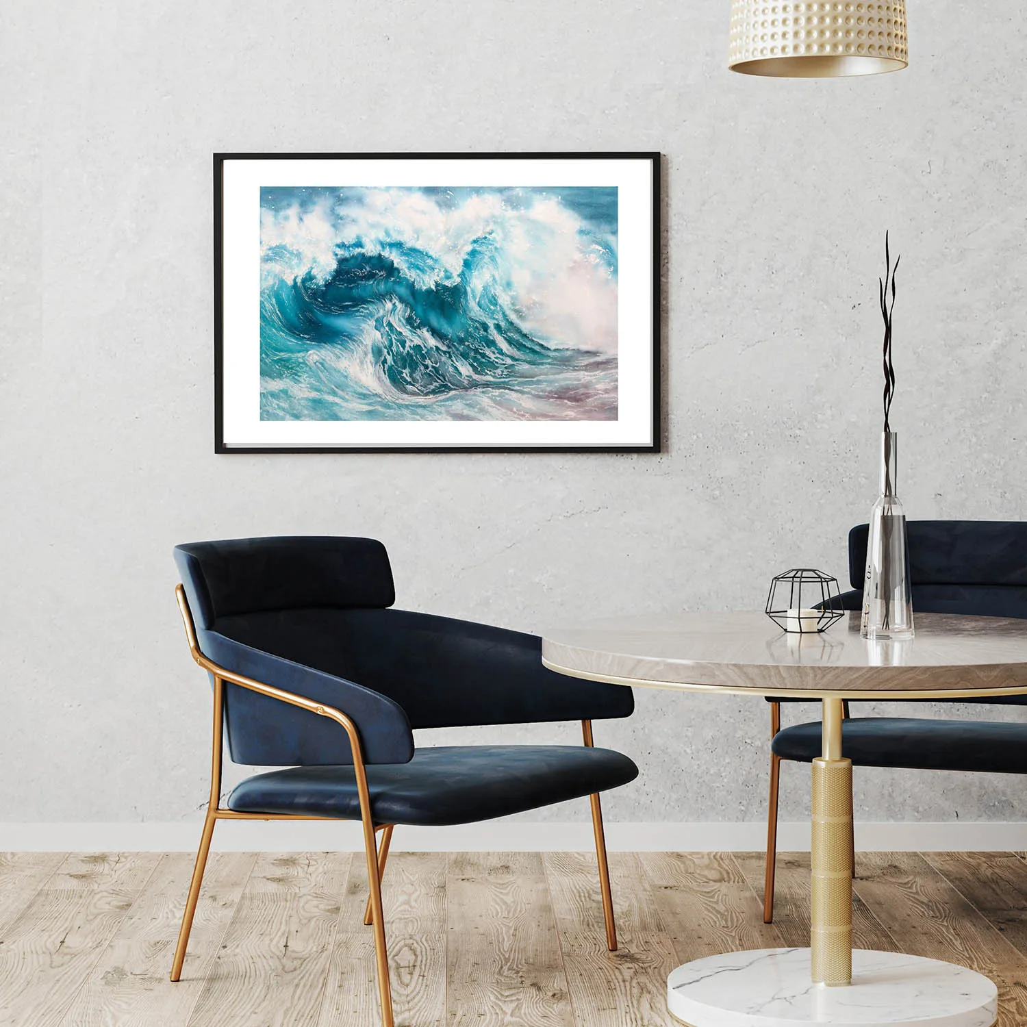 "Fragile but Strong" breaking wave artwork styled in a contemporary living room, bringing freshness, movement and depth to the space.