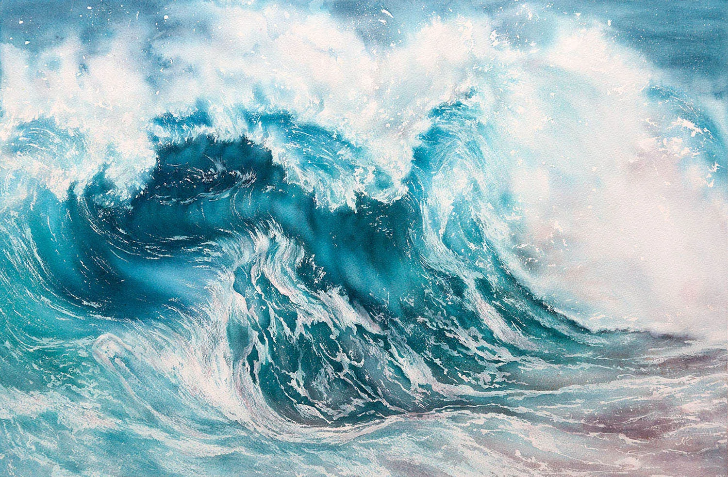 Fragile but Strong – Original watercolor painting of a crashing ocean wave by Kateryna Nazarenko, capturing the balance of power and delicacy in nature.