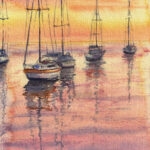 ‘Resting Sailboats at Sunset’ small watercolor painting by Kateryna Nazarenko, featuring sailboats reflecting on calm waters under a vibrant sunset sky.