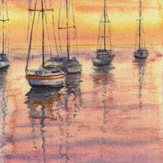 ‘Resting Sailboats at Sunset’ small watercolor painting by Kateryna Nazarenko, featuring sailboats reflecting on calm waters under a vibrant sunset sky.