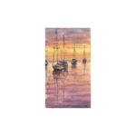 Resting Sailboats at Sunset small watercolor painting by Kateryna Nazarenko, depicting sailboats on calm waters with a vibrant sunset sky reflecting on the ocean surface.
