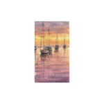 Resting Sailboats at Sunset small watercolor painting by Kateryna Nazarenko, depicting sailboats on calm waters with a vibrant sunset sky reflecting on the ocean surface.