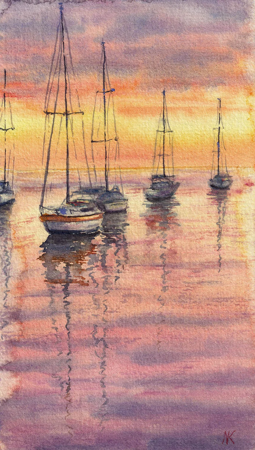 ‘Resting Sailboats at Sunset’ small watercolor painting by Kateryna Nazarenko, featuring sailboats reflecting on calm waters under a vibrant sunset sky.