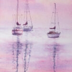 Sailboats at Pink Sunset – Original watercolor painting by Kateryna Nazarenko, depicting sailboats floating on calm waters under a soft pink and lavender sky.
