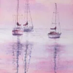 Sailboats at Pink Sunset – Original watercolor painting by Kateryna Nazarenko, depicting sailboats floating on calm waters under a soft pink and lavender sky.
