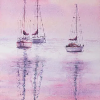 Sailboats at Pink Sunset – Original watercolor painting by Kateryna Nazarenko, depicting sailboats floating on calm waters under a soft pink and lavender sky.