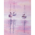 "Sailboats at Pink Sunset" – a watercolor painting by Kateryna Nazarenko featuring sailboats on calm waters under a pastel pink and lavender sunset sky. Serene ocean reflections create a peaceful and dreamy coastal scene.