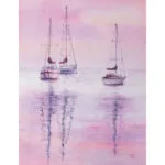 "Sailboats at Pink Sunset" – a watercolor painting by Kateryna Nazarenko featuring sailboats on calm waters under a pastel pink and lavender sunset sky. Serene ocean reflections create a peaceful and dreamy coastal scene.