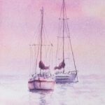Close-up of the sailboats in the watercolor painting "Sailboats at Pink Sunset" by Kateryna Nazarenko, highlighting delicate reflections on still water, soft pink tones, and intricate details of the boats.
