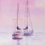Close-up of the sailboats in the watercolor painting "Sailboats at Pink Sunset" by Kateryna Nazarenko, highlighting delicate reflections on still water, soft pink tones, and intricate details of the boats.