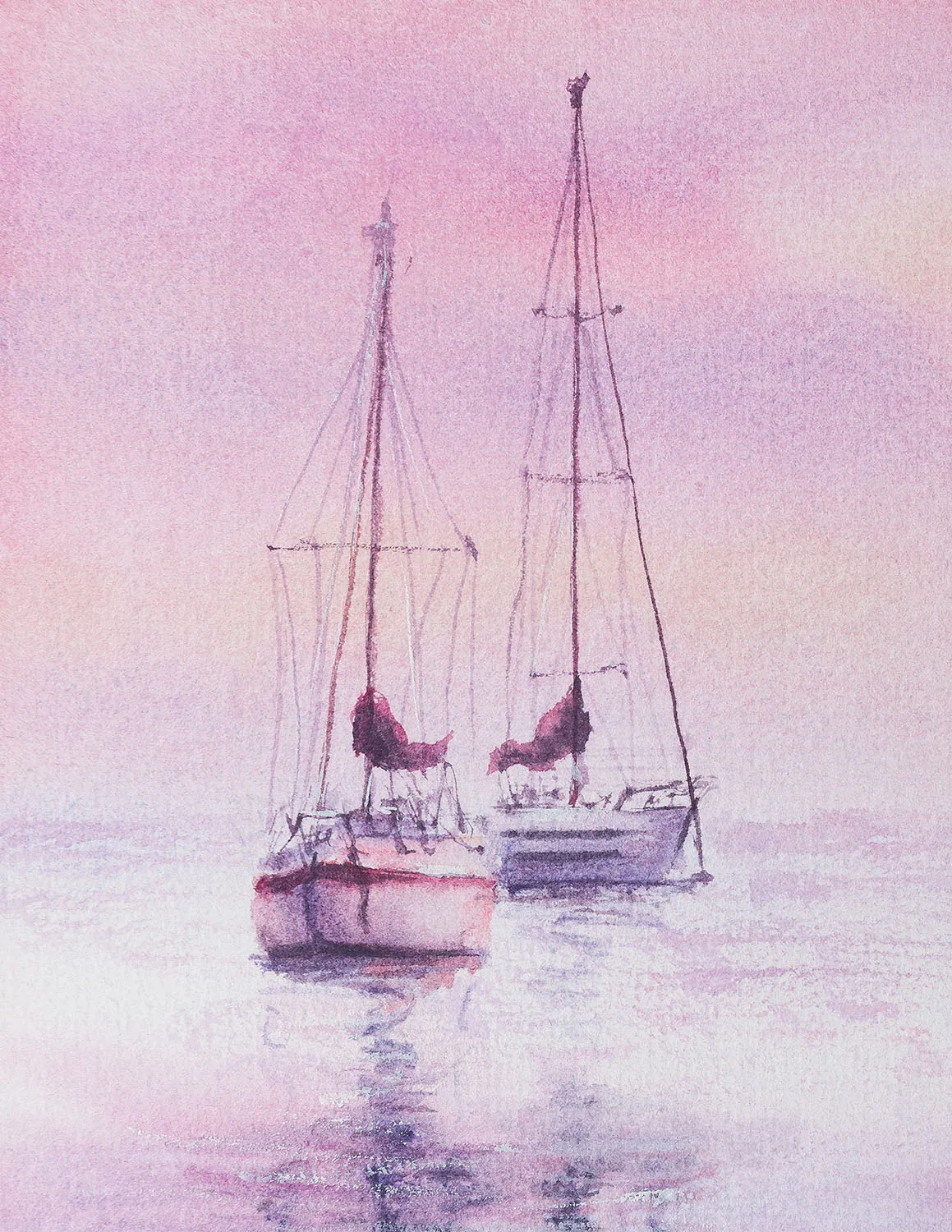 Close-up of the sailboats in the watercolor painting "Sailboats at Pink Sunset" by Kateryna Nazarenko, highlighting delicate reflections on still water, soft pink tones, and intricate details of the boats.