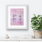Watercolor painting "Sailboats at Pink Sunset" by Kateryna Nazarenko in a living room setting, enhancing the space with serene colors and elegant reflections of sailboats on water.