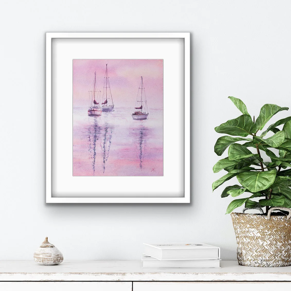 Watercolor painting "Sailboats at Pink Sunset" by Kateryna Nazarenko in a living room setting, enhancing the space with serene colors and elegant reflections of sailboats on water.