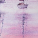 Artist's signature on "Sailboats at Pink Sunset," an original watercolor seascape by Kateryna Nazarenko, featuring serene sailboats and a pastel sunset sky.