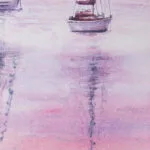 Artist's signature on "Sailboats at Pink Sunset," an original watercolor seascape by Kateryna Nazarenko, featuring serene sailboats and a pastel sunset sky.