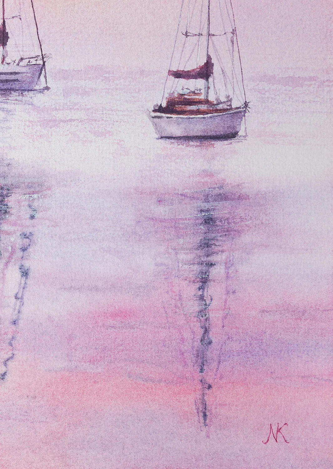 Artist's signature on "Sailboats at Pink Sunset," an original watercolor seascape by Kateryna Nazarenko, featuring serene sailboats and a pastel sunset sky.