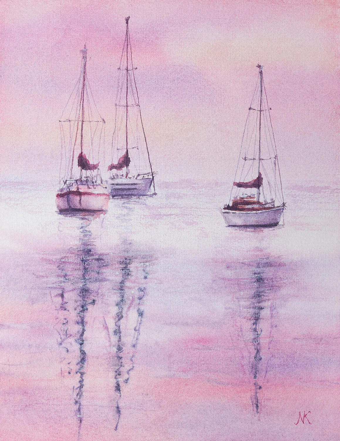 Sailboats at Pink Sunset – Original watercolor painting by Kateryna Nazarenko, depicting sailboats floating on calm waters under a soft pink and lavender sky.