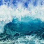 Through the Light watercolor painting by Kateryna Nazarenko, depicting a powerful ocean wave crashing with deep blue, turquoise waters and sunlit foam, capturing the rhythm and beauty of the sea.