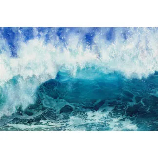 Through the Light – Original watercolor painting by Kateryna Nazarenko, featuring a powerful ocean wave with deep blues, turquoise hues, and sunlit white foam.