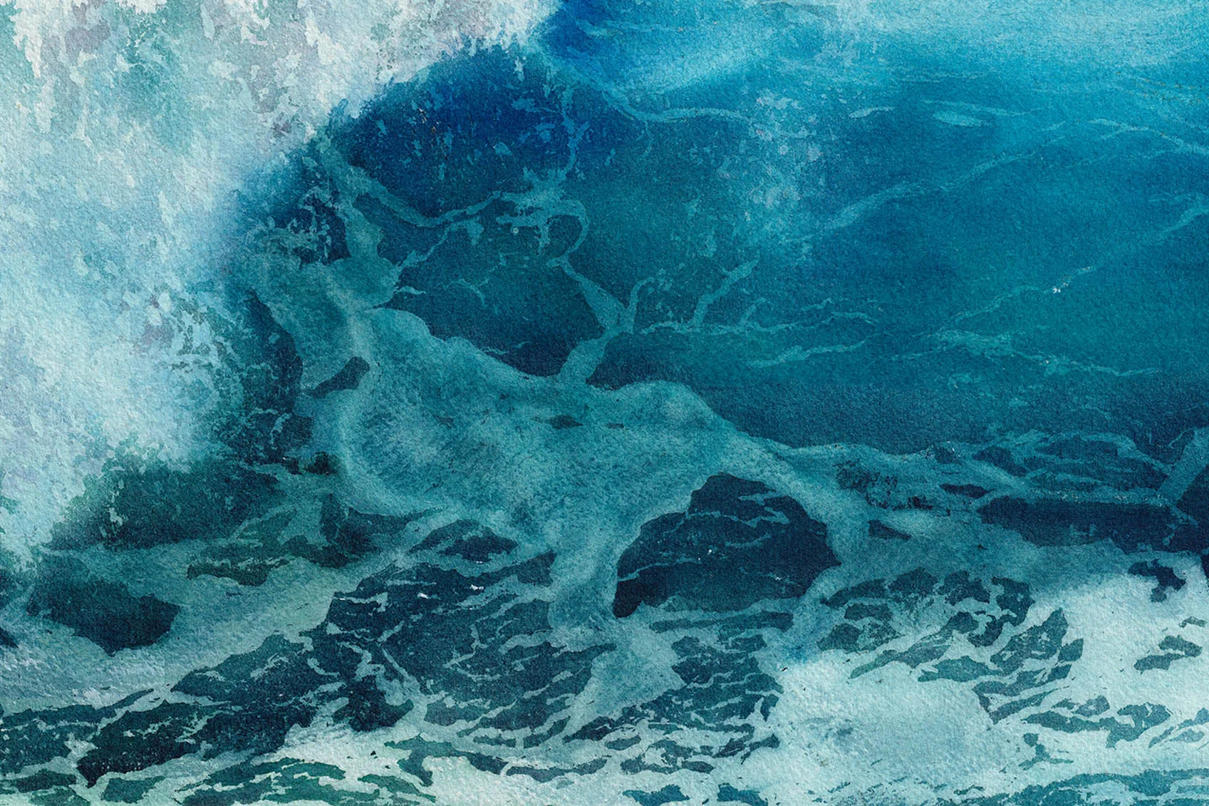 Closeup of the crashing wave in 'Through the Light' watercolor, showing the translucent water and intricate texture of the foam, highlighting the play of light on the ocean's surface.