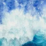 Closeup of the dynamic wave in 'Through the Light' painting, highlighting the detailed foam and fluid motion of the ocean, with deep blues and turquoise capturing the power and movement of the sea.