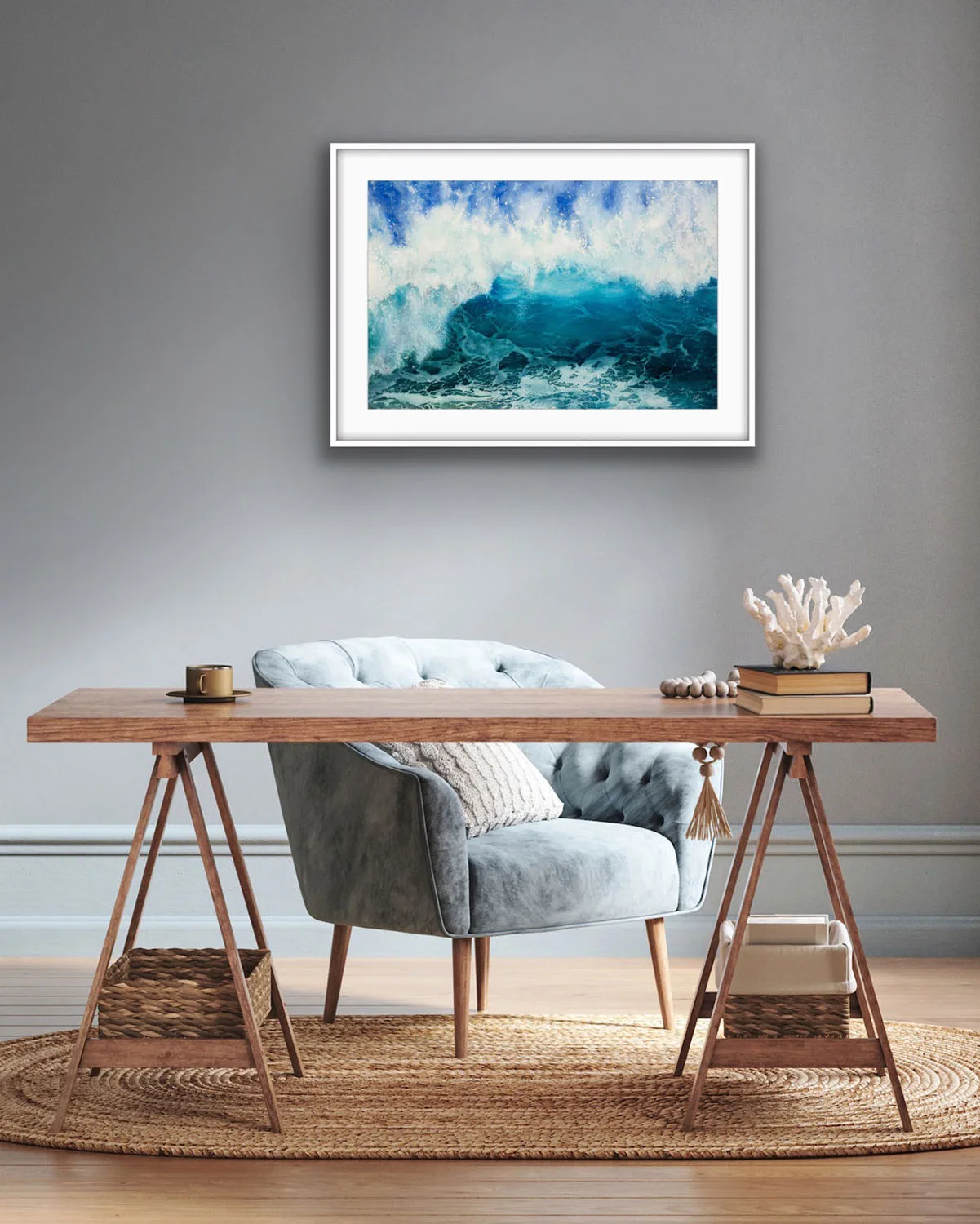 ‘Through the Light’ watercolor painting above the desk in a home office, showcasing crashing waves in shades of deep blue, turquoise, and white foam, bringing energy and serenity to the workspace with its vibrant ocean scene.