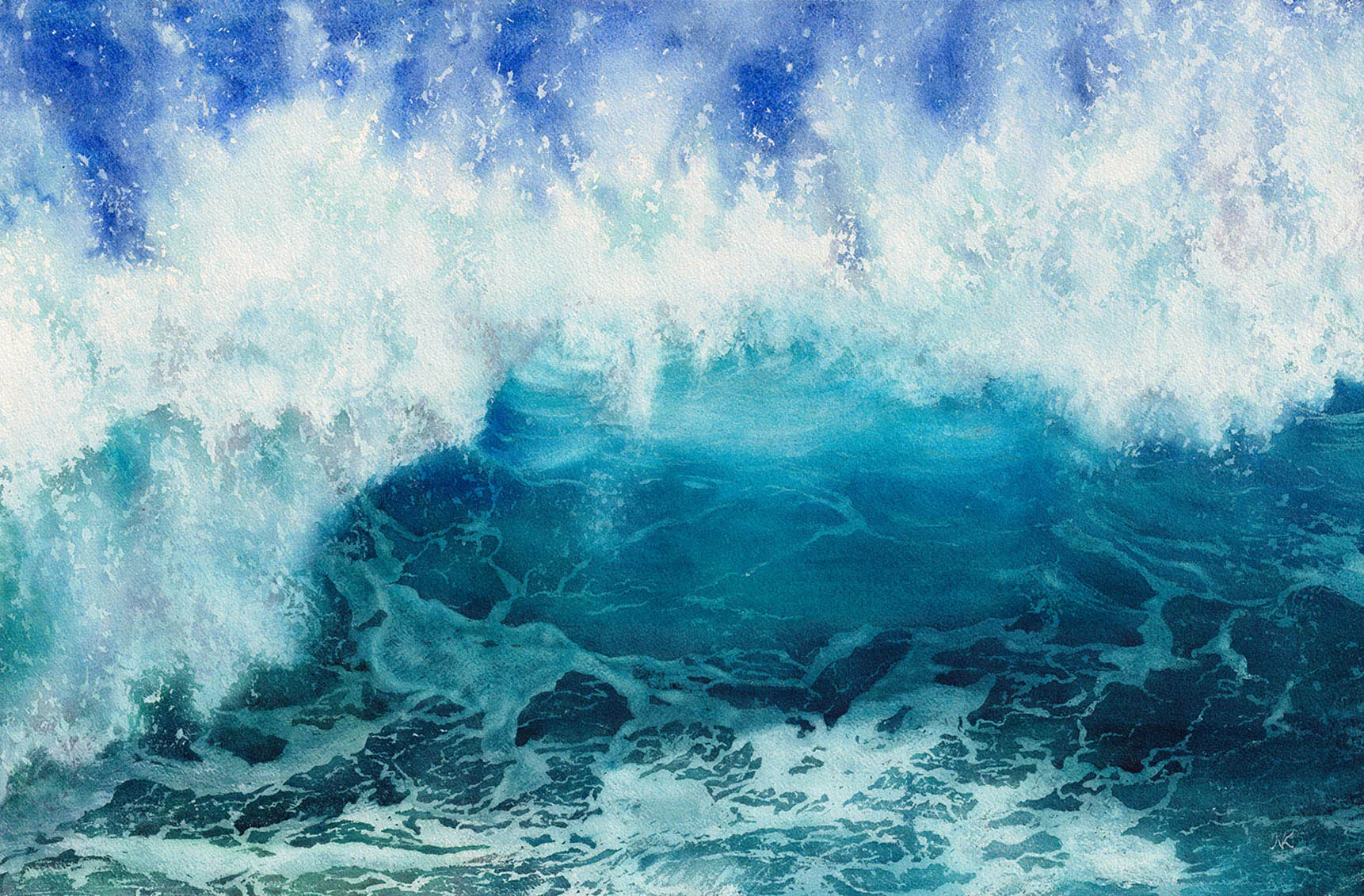 Through the Light watercolor painting by Kateryna Nazarenko, depicting a powerful ocean wave crashing with deep blue, turquoise waters and sunlit foam, capturing the rhythm and beauty of the sea.