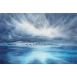 ‘Where Storm Meets Light’ watercolor painting by Kateryna Nazarenko, depicting a dramatic seascape where stormy skies contrast with serene ocean reflections in shades of blue, gray, and white, capturing both power and tranquility.
