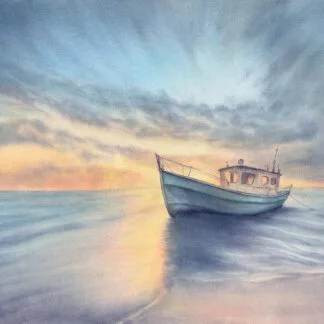 Morning Solitude – Original seascape watercolor painting by Kateryna Nazarenko featuring a tranquil boat at sunrise with soft blue, orange, and yellow hues reflecting on calm ocean waters.