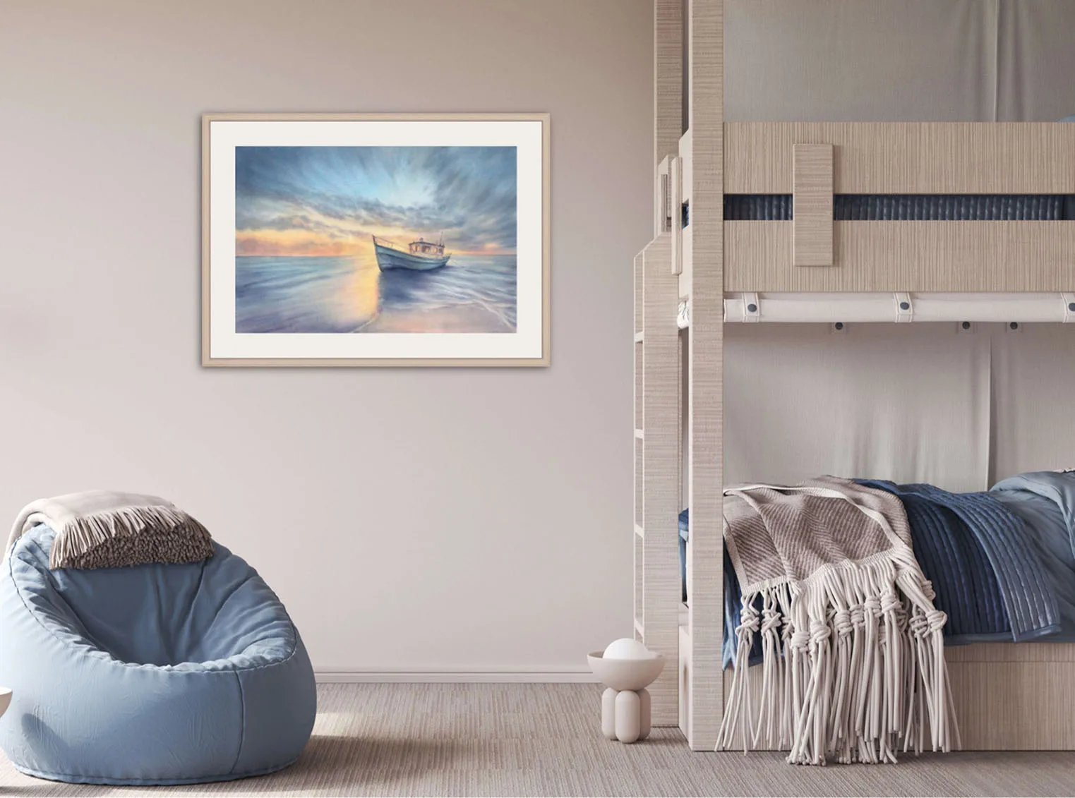 "Morning Solitude" framed ocean painting in a child’s bedroom, adding a calming and dreamy nautical touch.