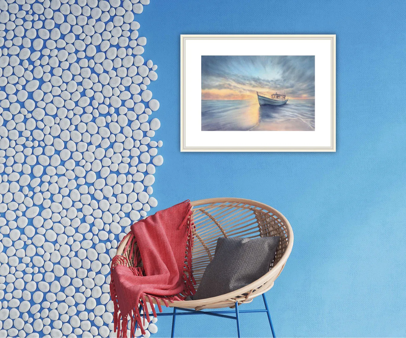 "Morning Solitude" framed watercolor seascape in a coastal blue room, enhancing the serene and nautical ambiance.