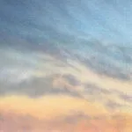 Soft watercolor sky with blended blues, grays, and warm sunrise hues from the painting "Morning Solitude."