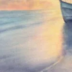 Gentle ocean reflections in watercolor, featuring soft blues and warm sunrise tones from "Morning Solitude.
