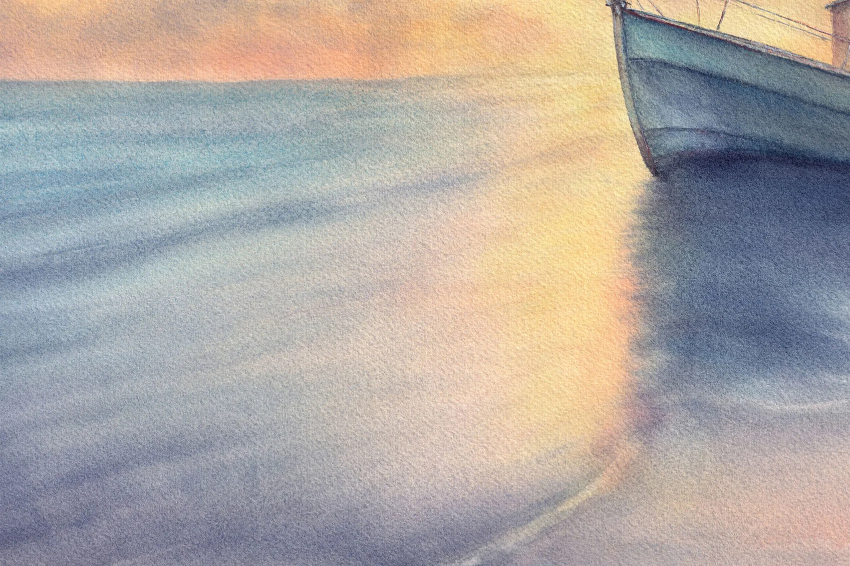 Gentle ocean reflections in watercolor, featuring soft blues and warm sunrise tones from "Morning Solitude.