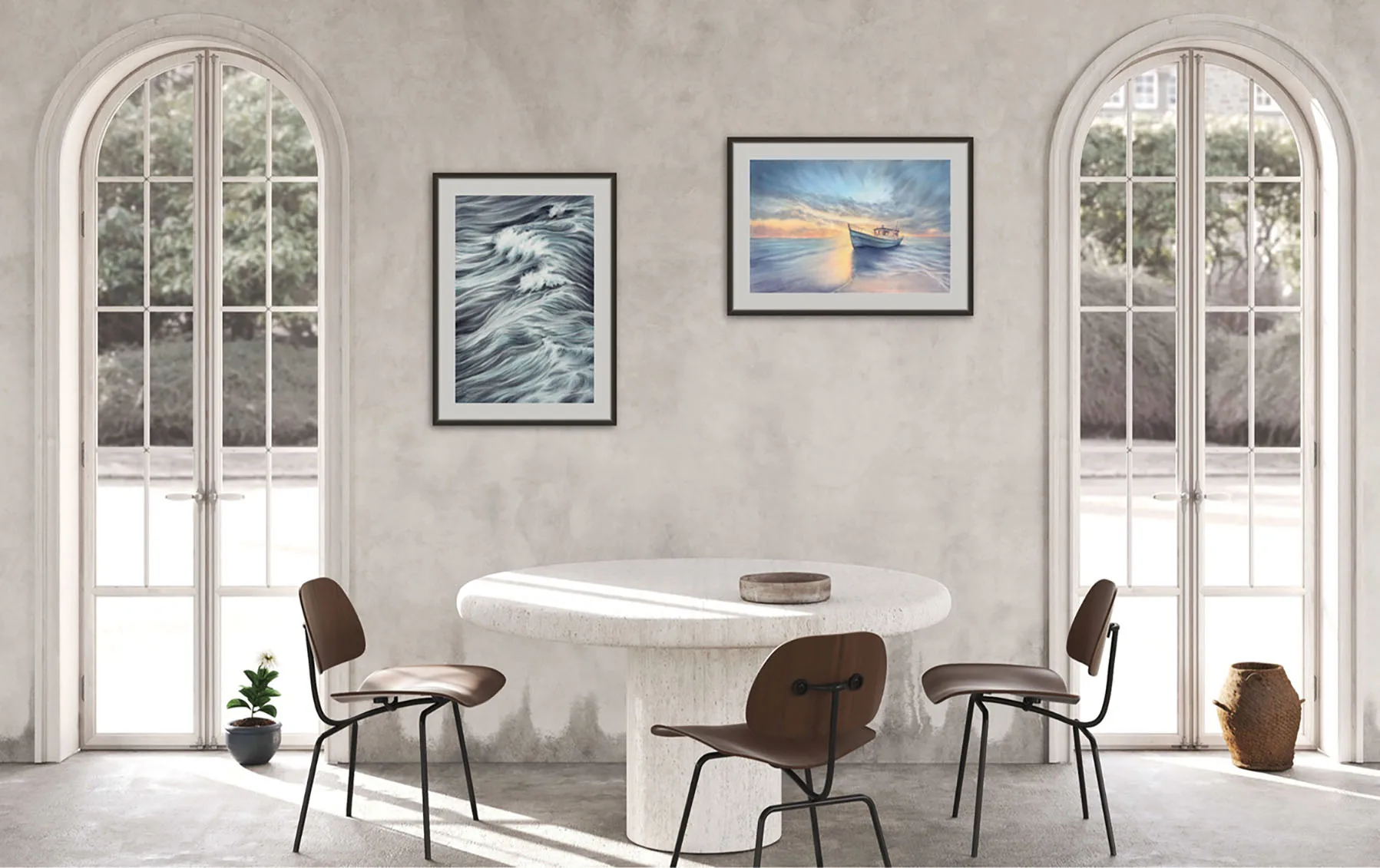 "Morning Solitude" framed watercolor seascape hanging in a loft dining room, adding a serene ocean-inspired touch.