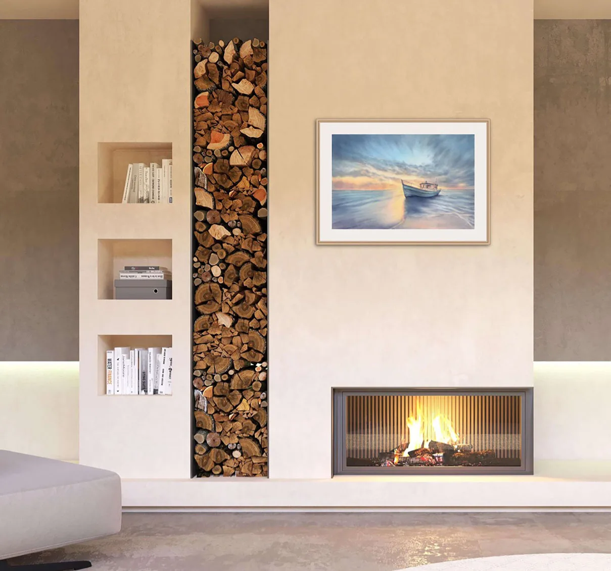 "Morning Solitude" seascape displayed above a fireplace, complementing the cozy and serene atmosphere.