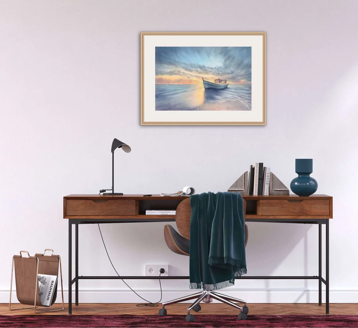"Morning Solitude" framed seascape above a desk in a home office, inspiring focus and relaxation with its ocean view.
