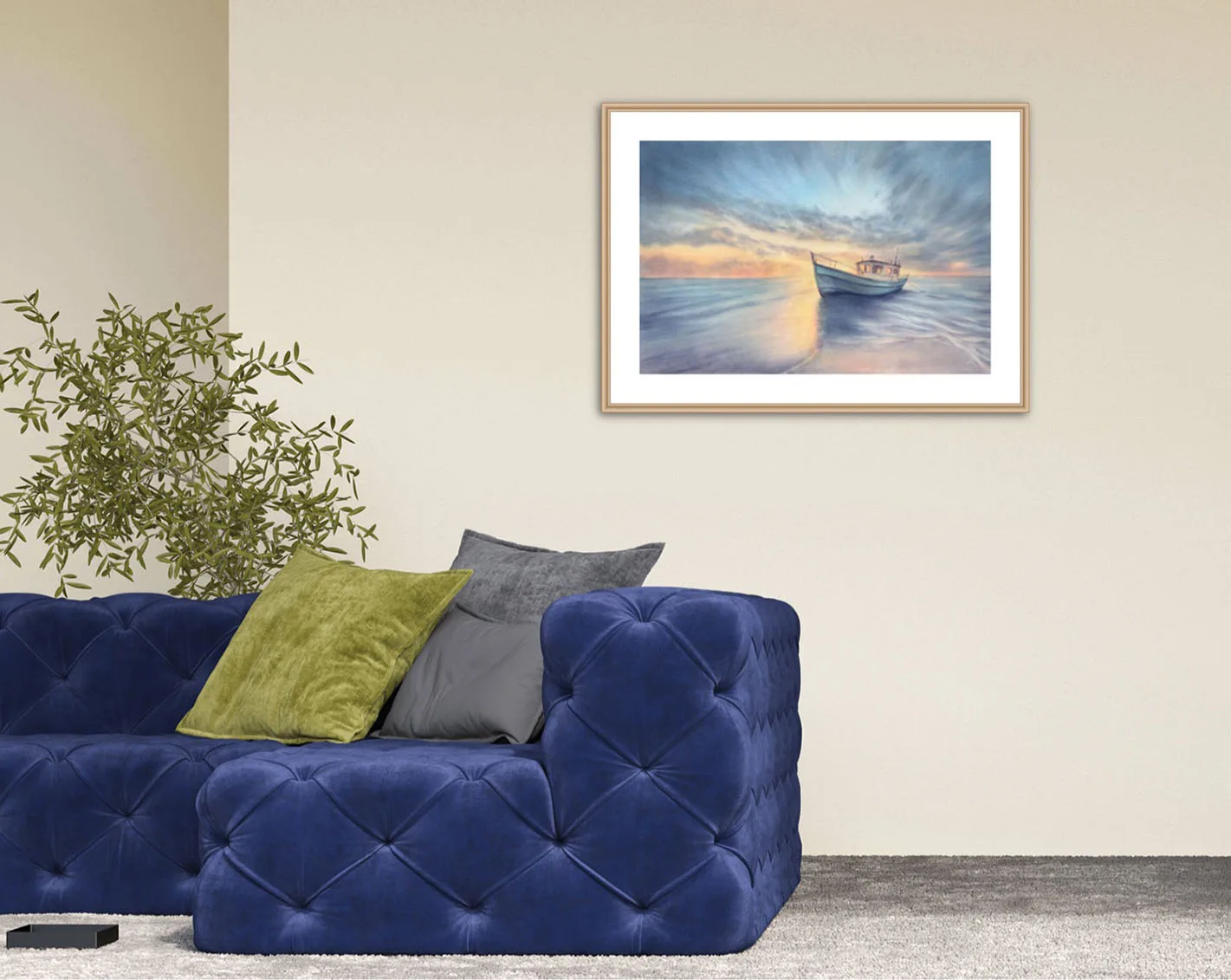 Elegant seascape "Morning Solitude" in a stylish living room, creating a tranquil and inviting ambiance.