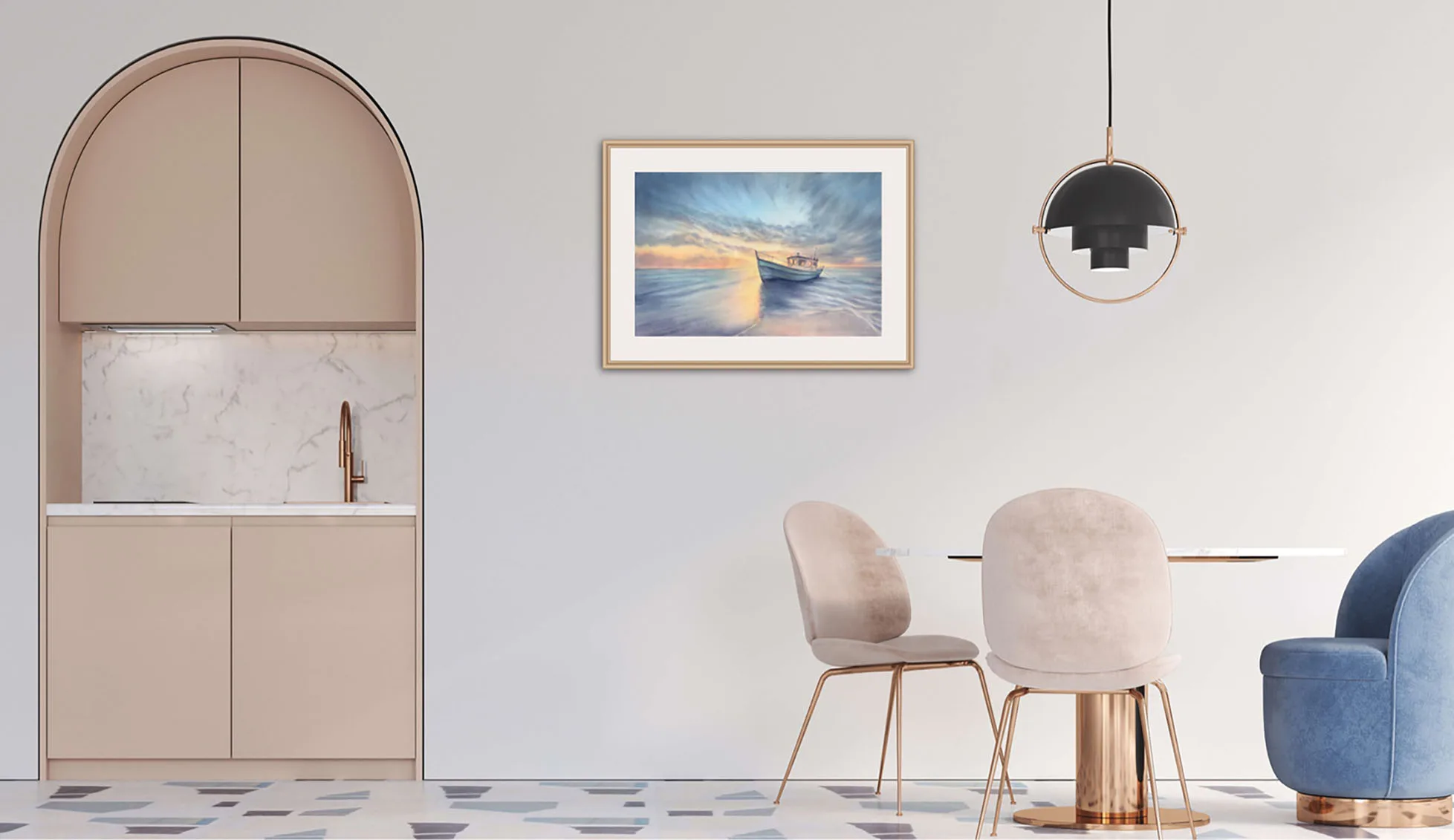 "Morning Solitude" watercolor painting framed in a pastel-colored dining room, enhancing its soft, airy aesthetic.